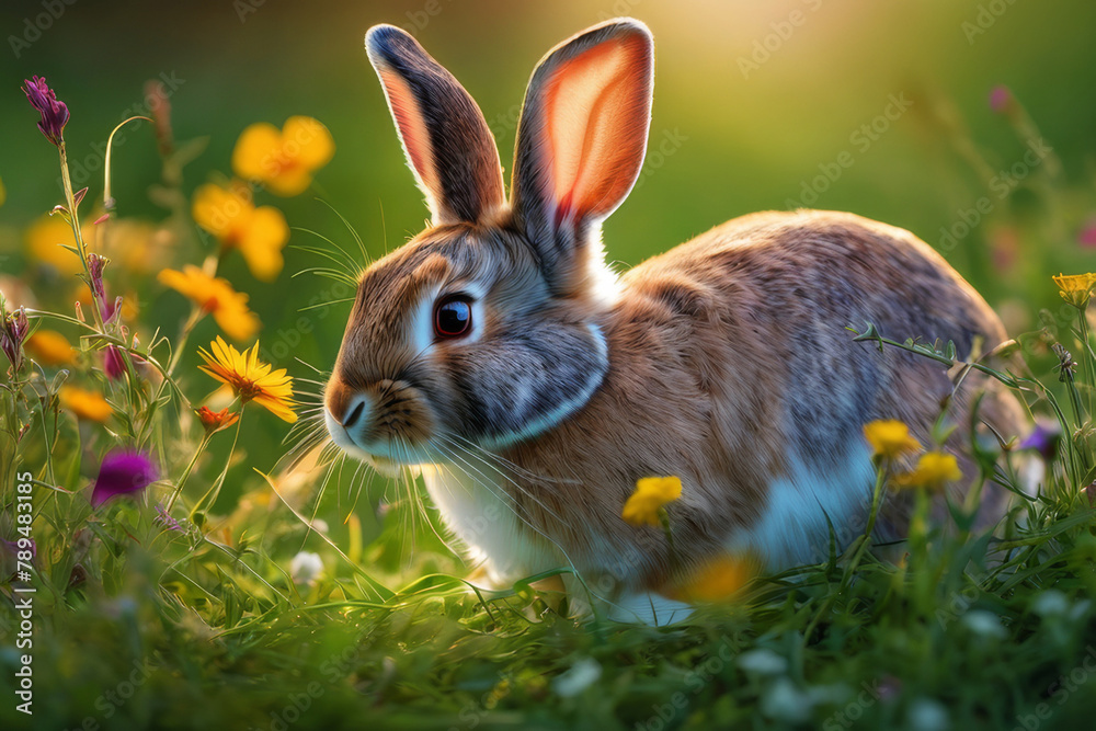 Rabbit on the lawn with flowers at sunset.