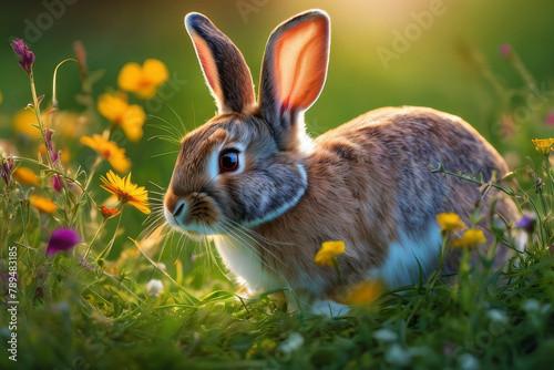 Obraz na płótnie Rabbit on the lawn with flowers at sunset. w salonie