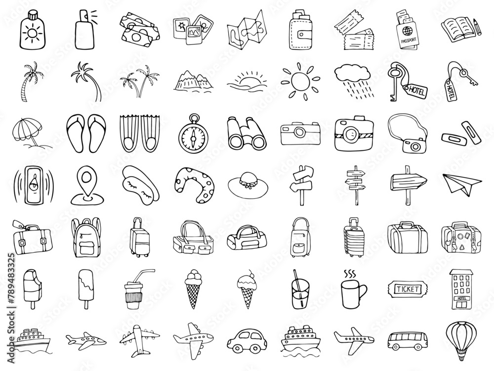 Icon set of elements for summer vacation travel, hand drawn vector doodles in line style. Line contour  in sketch style.