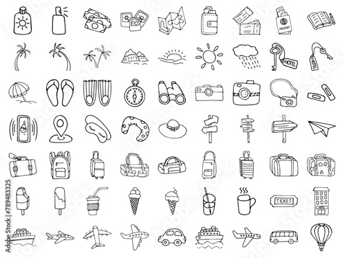 Icon set of elements for summer vacation travel  hand drawn vector doodles in line style. Line contour  in sketch style.