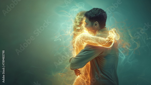Man hugging a woman made of transparent  glowing body. Long distance relationships; online psychological help; artificial intelligence support;  concept