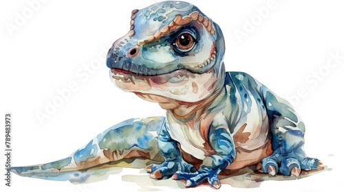Watercolor painting of a T-Rex sitting on the ground. Suitable for educational materials or dinosaur-themed designs