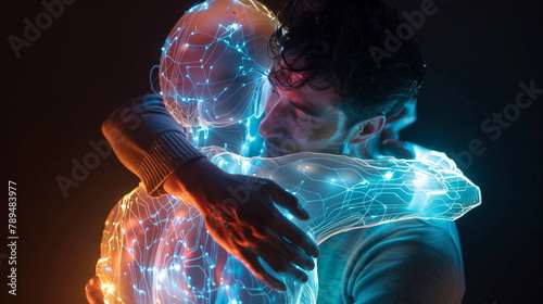 Man hugging a woman made of transparent  glowing body. Long distance relationships; online psychological help; artificial intelligence support;  concept photo