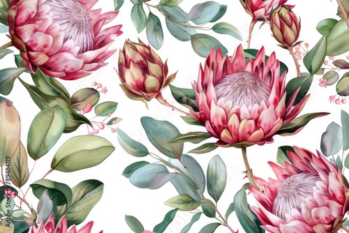 Pink proteas and green leaves on a white background. Suitable for floral designs