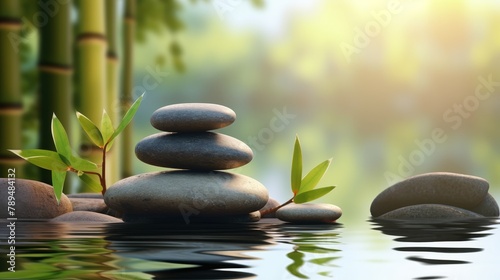 Serene display of Zen stones and bamboo by the water  a peaceful scene evoking wellness and calm  ideal for massage and bodycare concepts