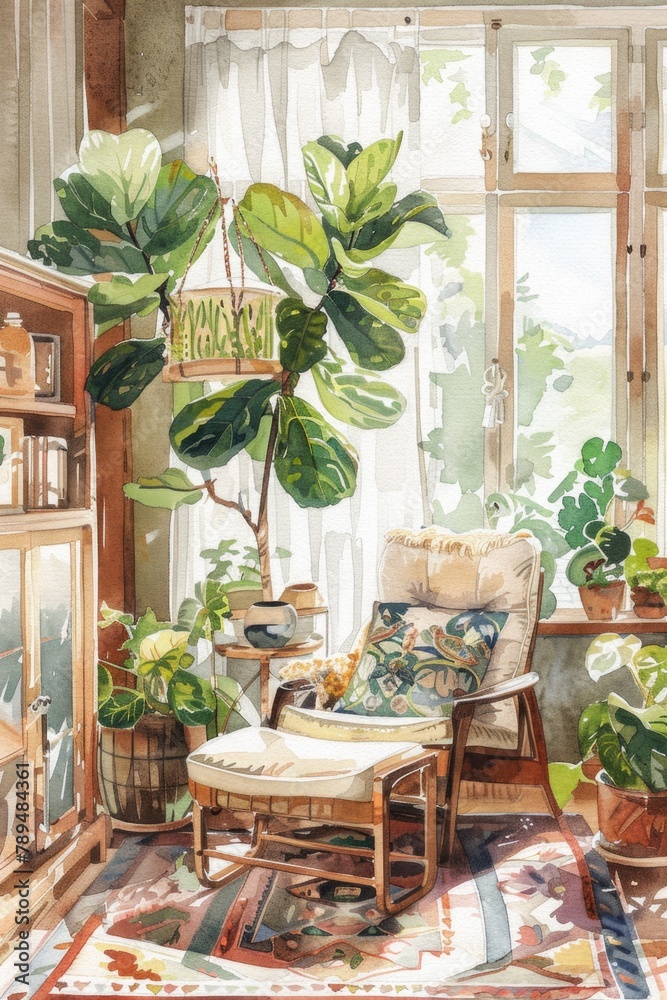 Fototapeta premium A peaceful living room filled with various plants, ideal for interior design projects