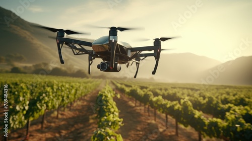 Precision agriculture in action, A close-up of a drone flying over a vineyard, illustrating the impact of AI and automation in farming