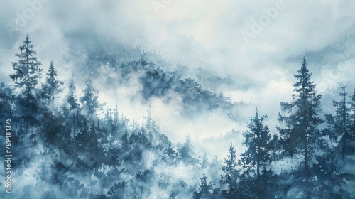 A serene mountain shrouded in mist, perfect for nature themes #789484375
