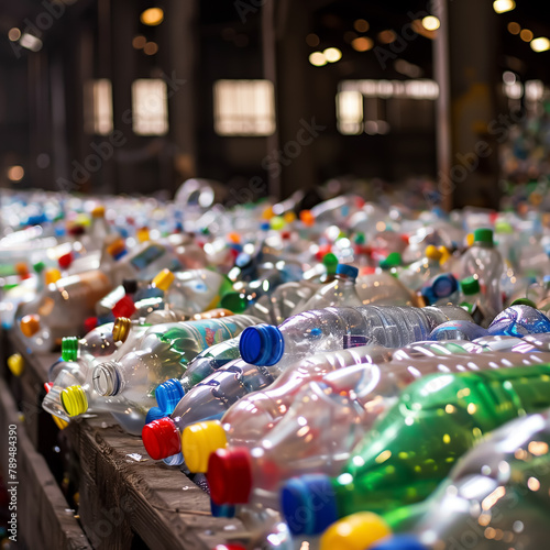 Heap of colorful plastic bottles on a recycling plant conveyor, depicting waste management and environmental protection concept.