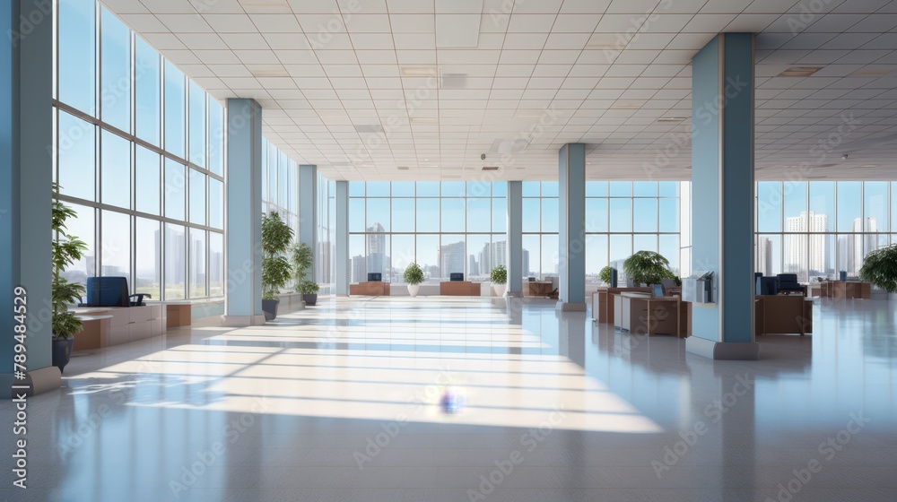 Realistic 3D visualization of empty office spaces, economic downturn, minimalist style, Realistic 3D visualization of empty office spaces, economic downturn, minimalist style,