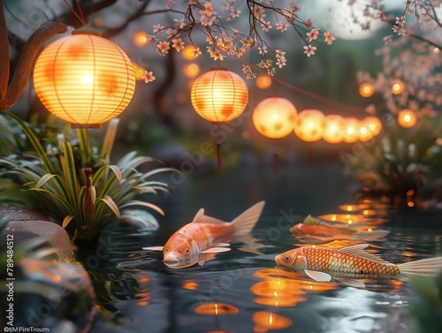 A pond with three orange fish swimming in it. The water is calm and the light from the lanterns creates a peaceful atmosphere