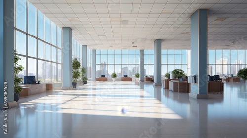 Realistic 3D visualization of empty office spaces  economic downturn  minimalist style 