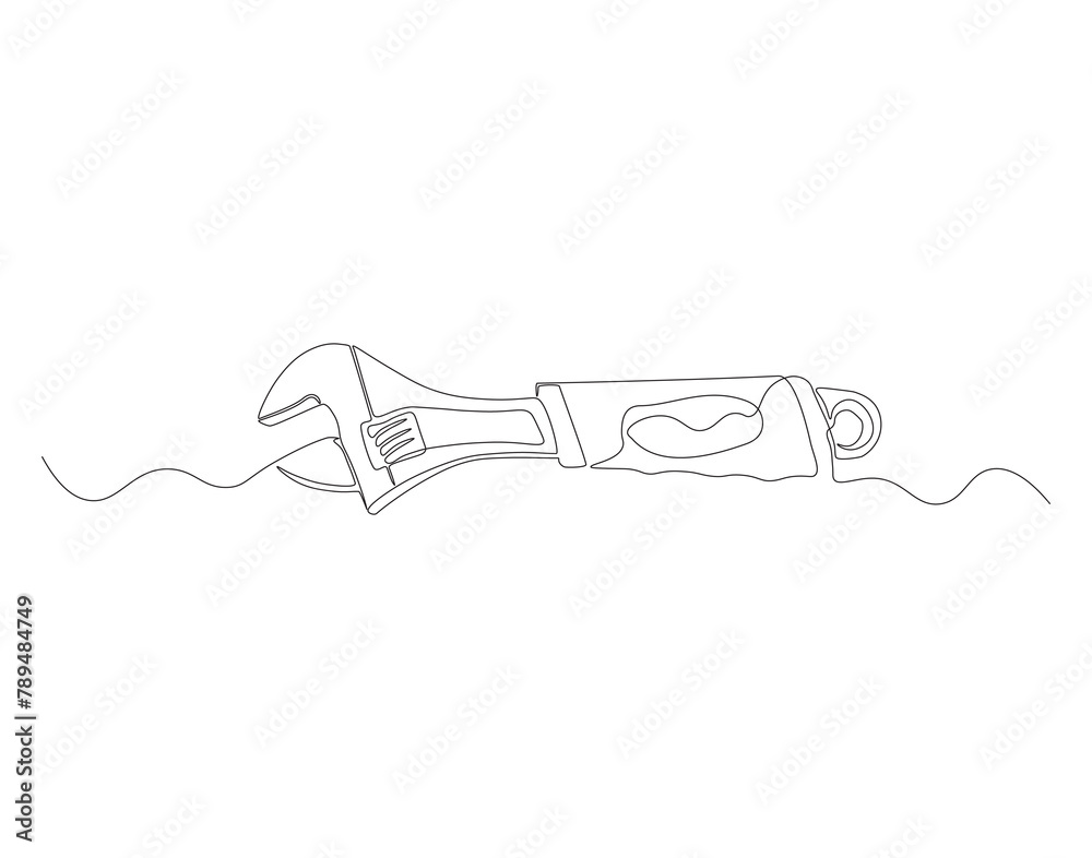 Continuous line drawing of wrench. One line of mechnical wrench. Worker tool concept continuous line art. Editable outline Continuous line drawing of wrench. One line of mechnical wrench. Worker tool concept continuous line art. Editable outline