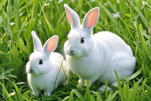 Rabbits. Mother rabbit and baby rabbit on a green meadow. Spring flowers and green grass.