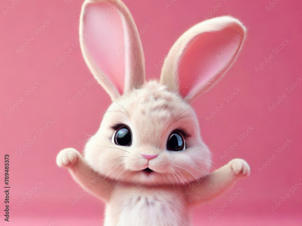 White rabbit jumps and dances on a pink background. Cute bunny. Happy Easter day, cartoon character design.
