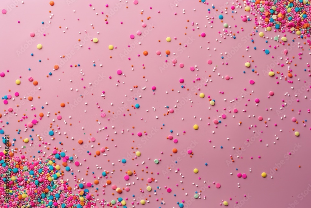 Obraz premium Colorful sprinkles scattered on a pink surface, ideal for food or celebration concepts
