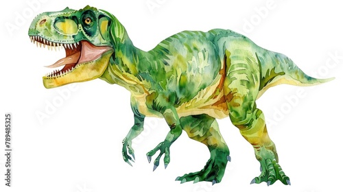 A dinosaur with its mouth open in a watercolor painting. Perfect for educational materials © Fotograf
