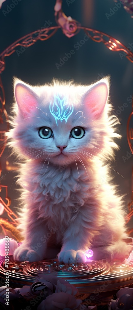 A cute and fluffy white kitten with blue eyes and a glowing blue ...