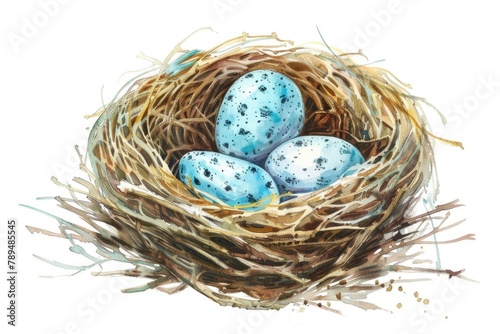 A painting of a nest with three blue eggs. Suitable for nature and wildlife themes