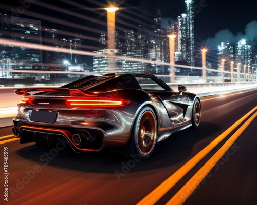 A silver sports car drives through a city at night. The car is blurred and the background is in focus. © Anchalee