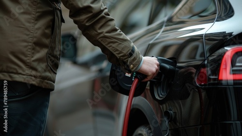 A man connects the cable to an electric car to charge it