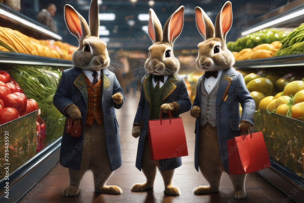A family of rabbits in a store with carts makes purchases