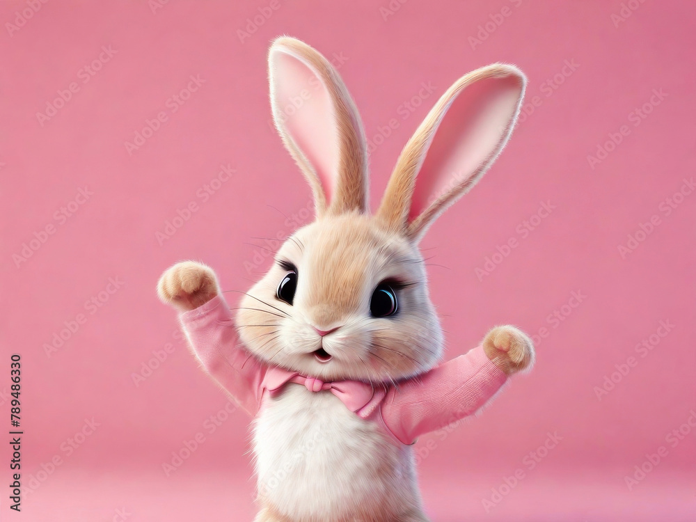 White rabbit jumps and dances on a pink background. Cute bunny. Happy Easter day, cartoon character design.