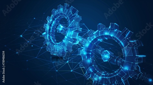 The concept of gears. Abstract wireframe  illustration with two gears on dark blue background. Mechanical technology machine engineering symbol. Industry development, engine work, business photo