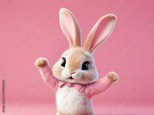 Obraz na płótnie White rabbit jumps and dances on a pink background. Cute bunny. Happy Easter day, cartoon character design. w salonie