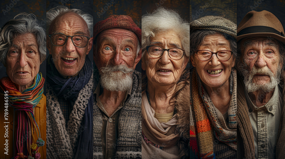 A group of elderly people are smiling for the camera. Concept of warmth and happiness, as the older individuals are posing together and enjoying each other's company. The group is diverse