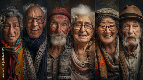 A group of elderly people are smiling for the camera. Concept of warmth and happiness, as the older individuals are posing together and enjoying each other's company. The group is diverse