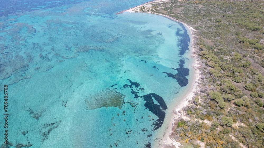 Aerial shot of the coast of Sardinia with crystal clear sea