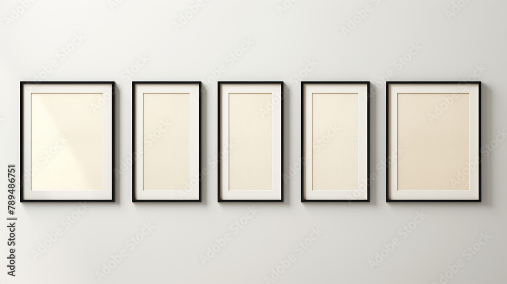 Seven-frame wall gallery set isolated on a white background with a beige wall Seven-frame wall gallery set isolated on a white background with a beige wall