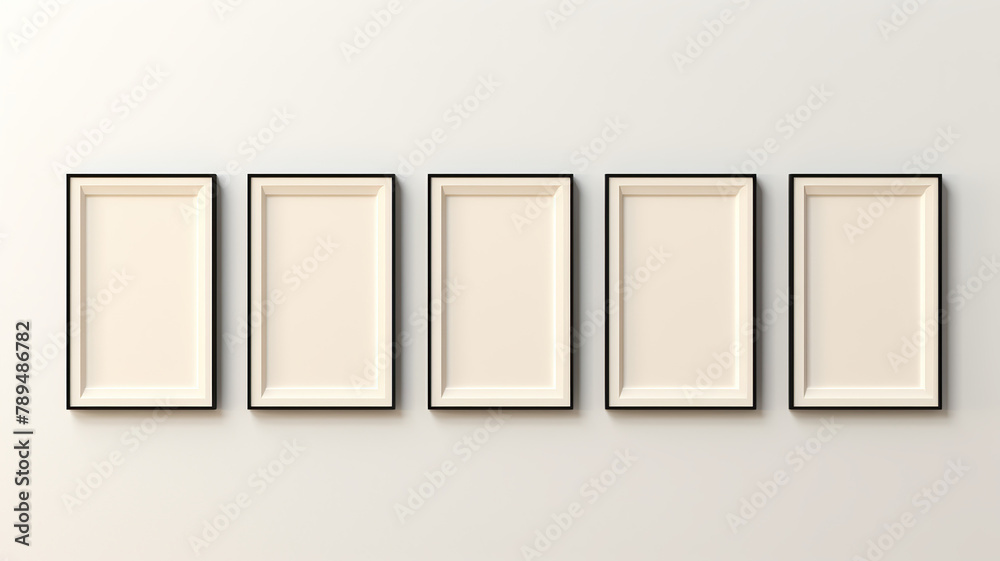 Seven-frame wall gallery set isolated on a white background with a beige wall Seven-frame wall gallery set isolated on a white background with a beige wall