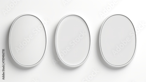 pristine white background with three oval-shaped frames and two a4 horizontal frames in a wall gallery set.
