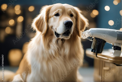 dog Groomer drying retriever blow golden bathe obedient clean photogenic hygiene brush dryer grooming hair pampering hand blowdryer care wind air blowing soft pedigree happy hot photo