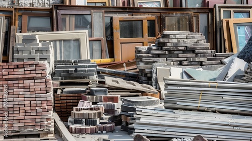 urban mining zero waste, sorted piles of construction materials windows bricks steel concrete, material recycling, reuse architecture, city sustainability, life cycle