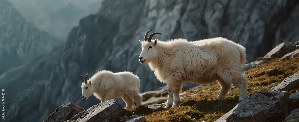 Alpine Affection: A mountain goat family navigating steep cliffs, their sure-footed affection guiding each step, in close-up small animal double exposure.