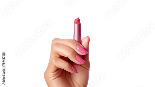 An isolated woman with lipsticks on her fingers against a stark white background