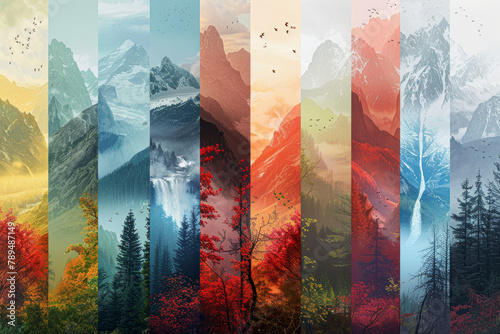 A series of colorful mountain landscapes with a blue sky in the background. The mountains are of different sizes and colors, and there are birds flying in the sky