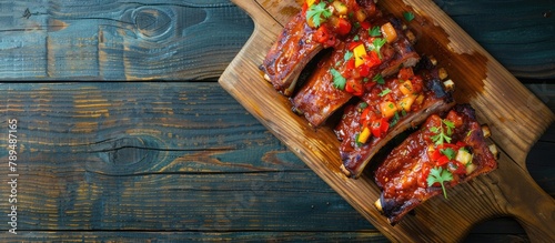 Barbecue pork spare ribs topped with fruit relish displayed from above on a vintage wooden board, with space for text.