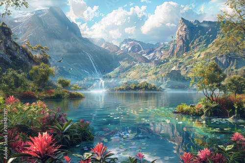 A beautiful landscape with a waterfall and mountains in the background. The water is calm and clear, and there are many trees and flowers in the foreground photo