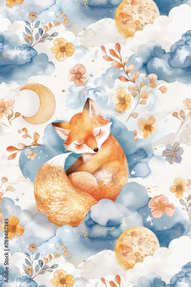 Naklejka premium A peaceful watercolor painting of a fox sleeping among fluffy clouds. Perfect for dreamy and whimsical designs