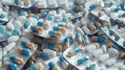 White, blue and colorful medical pills, pills in plastic package. Healthcare and medicine concept photo