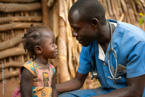 Touching Moment of Compassionate Medical Care: African Doctor and Child in Humanitarian Aid Context.
