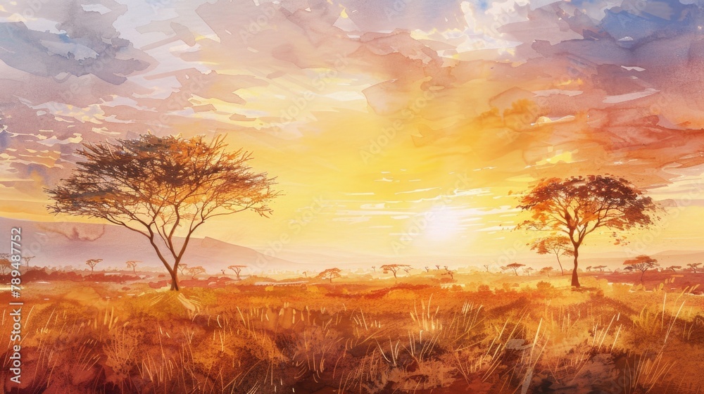 A painting of two trees in a serene field. Ideal for nature and landscape themes A painting of two trees in a serene field. Ideal for nature and landscape themes