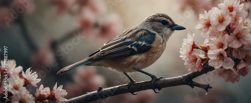 Feathered Creature: Small Bird Perched Among Blooming Cherry Blossoms in Close-Up Double Exposure Photo