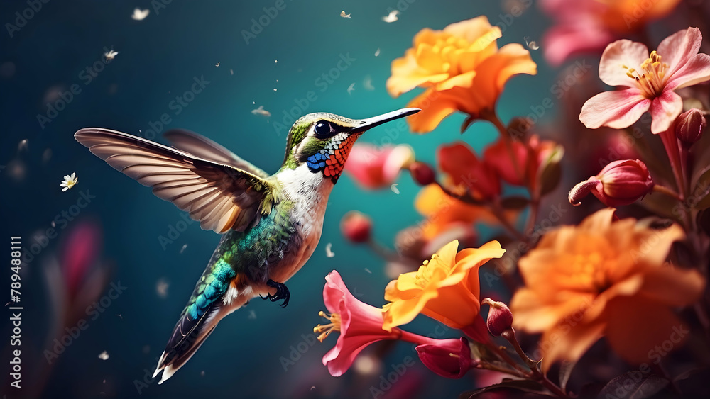 Nature's Dance: Hummingbird Capturing Vibrant Flowers in Close-Up Double Exposure Photo