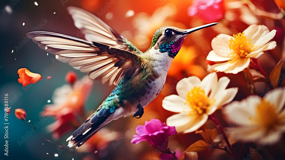 Naklejka premium Nature's Dance: A Hummingbird Amid Vibrant Flowers - Close-Up Double Exposure Photo Concept