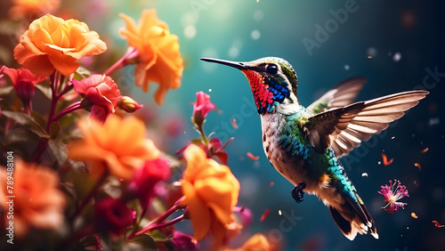 Close-up Double Exposure of Hummingbird Hovering Over Vibrant Flowers, Capturing the Essence of Nature's Dance - Small Animal, Fluttering Petals Photo Concept © Gohgah